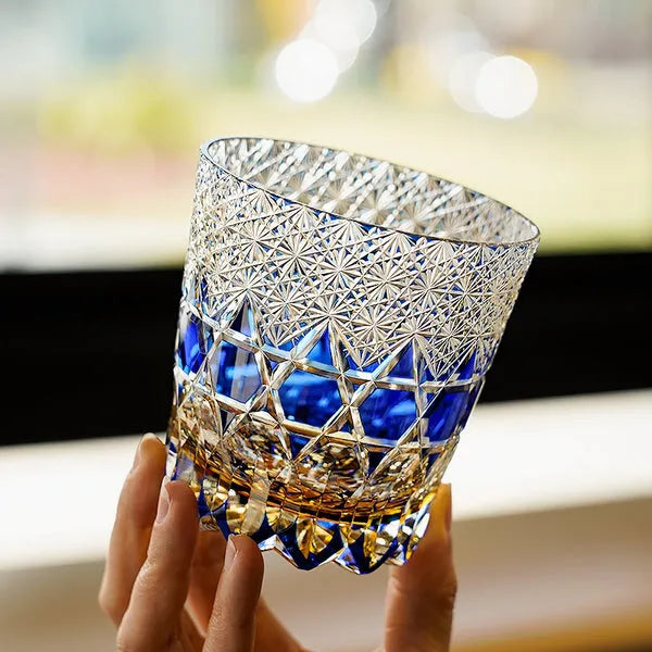 Edo Kiriko Sapphire Fluorite Whisky Glass – Hand-Carved Premium Crystal Glass | Prismatic Brilliance