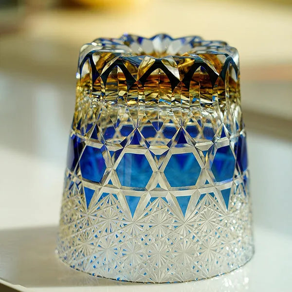 Edo Kiriko Sapphire Fluorite Whisky Glass – Hand-Carved Premium Crystal Glass | Prismatic Brilliance