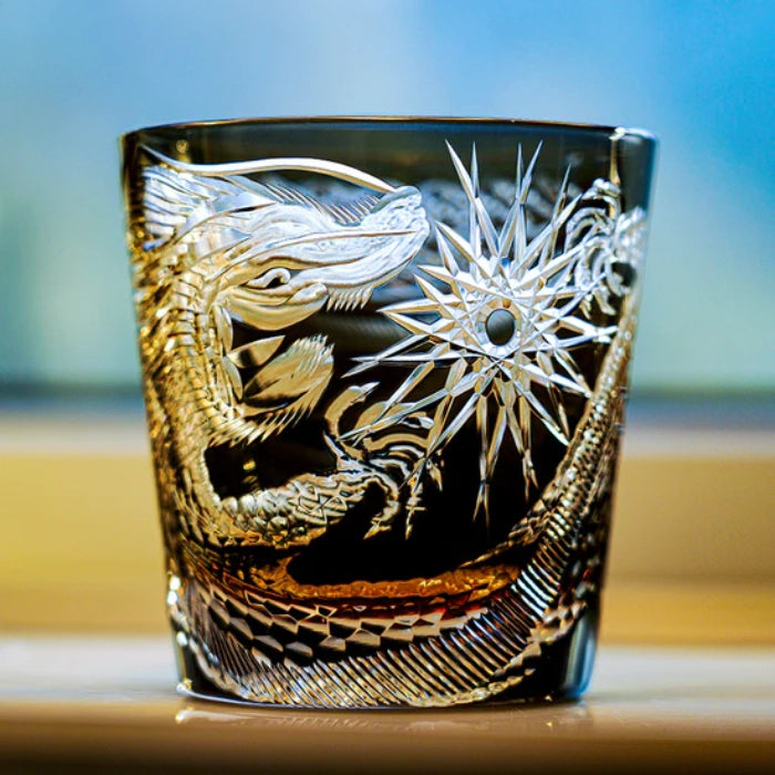 Edo Kiriko Hand-Carved Soaring Dragon Whiskey Glass – An Ascendant Myth in Crystal