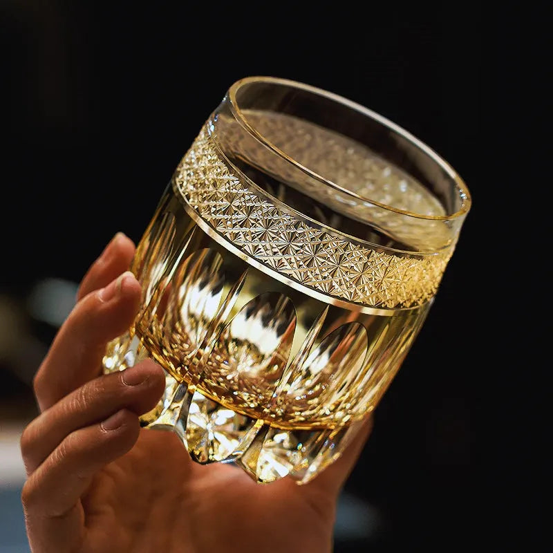 Edo Kiriko Amber Celestial Whisky Glass – Hand-Carved Premium Crystal Glass | Starlit Amber
