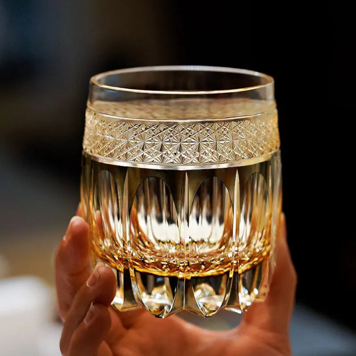 Edo Kiriko Amber Celestial Whisky Glass – Hand-Carved Premium Crystal Glass | Starlit Amber