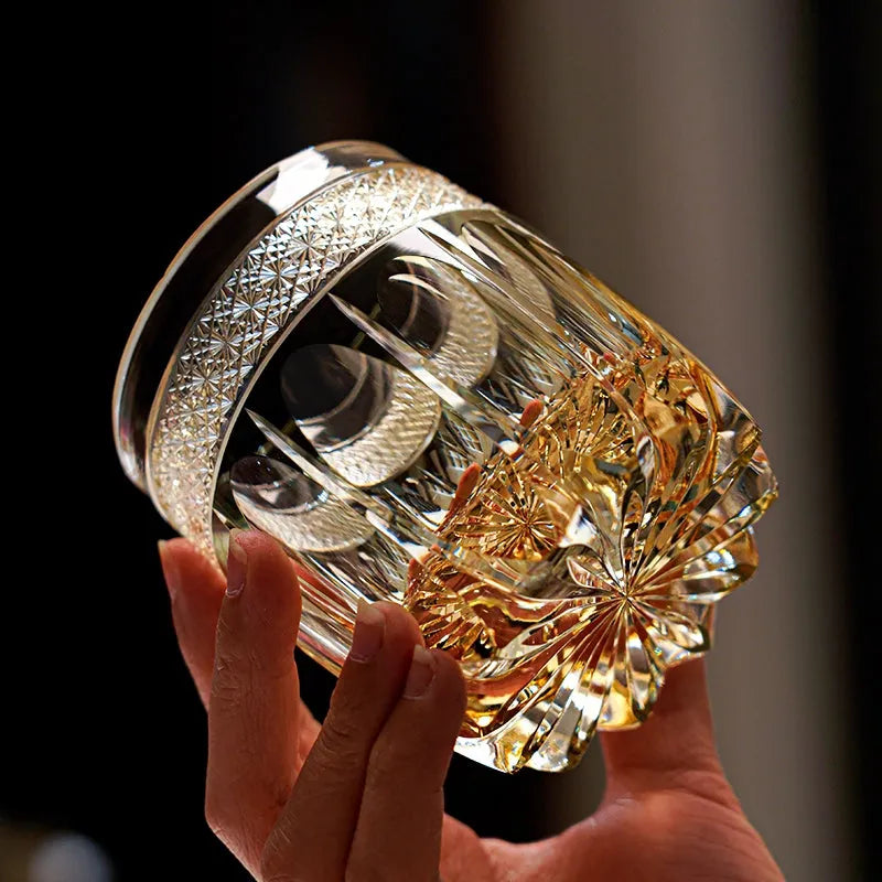 Edo Kiriko Amber Celestial Whisky Glass – Hand-Carved Premium Crystal Glass | Starlit Amber