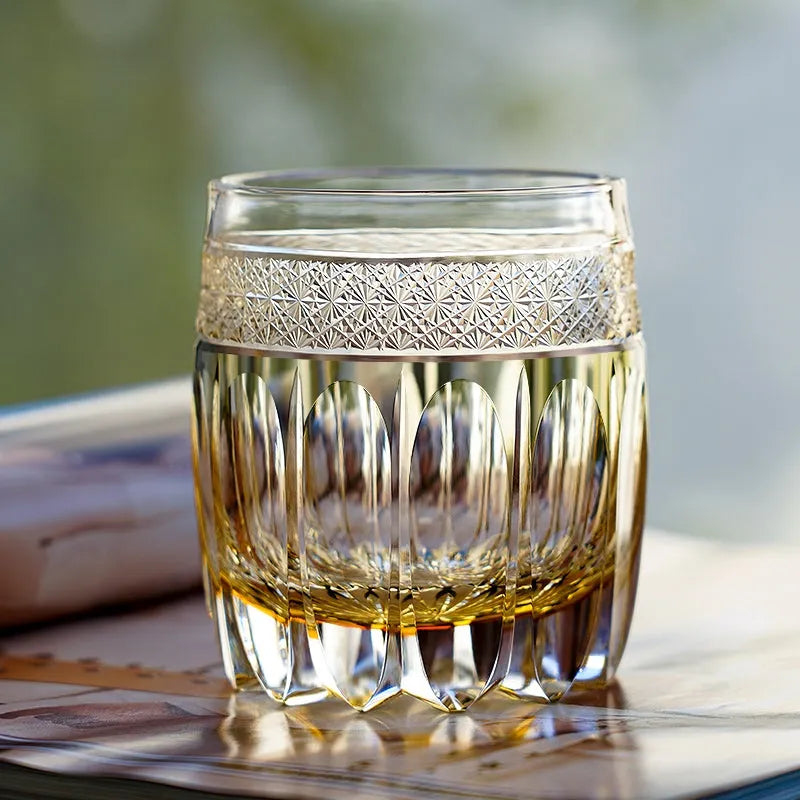 Edo Kiriko Amber Celestial Whisky Glass – Hand-Carved Premium Crystal Glass | Starlit Amber
