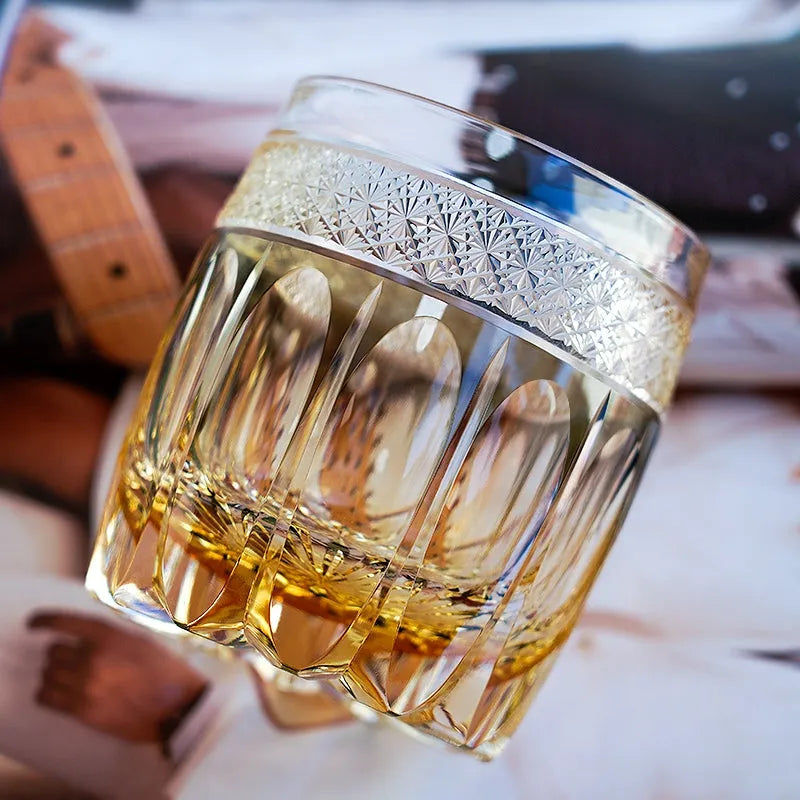 Edo Kiriko Amber Celestial Whisky Glass – Hand-Carved Premium Crystal Glass | Starlit Amber