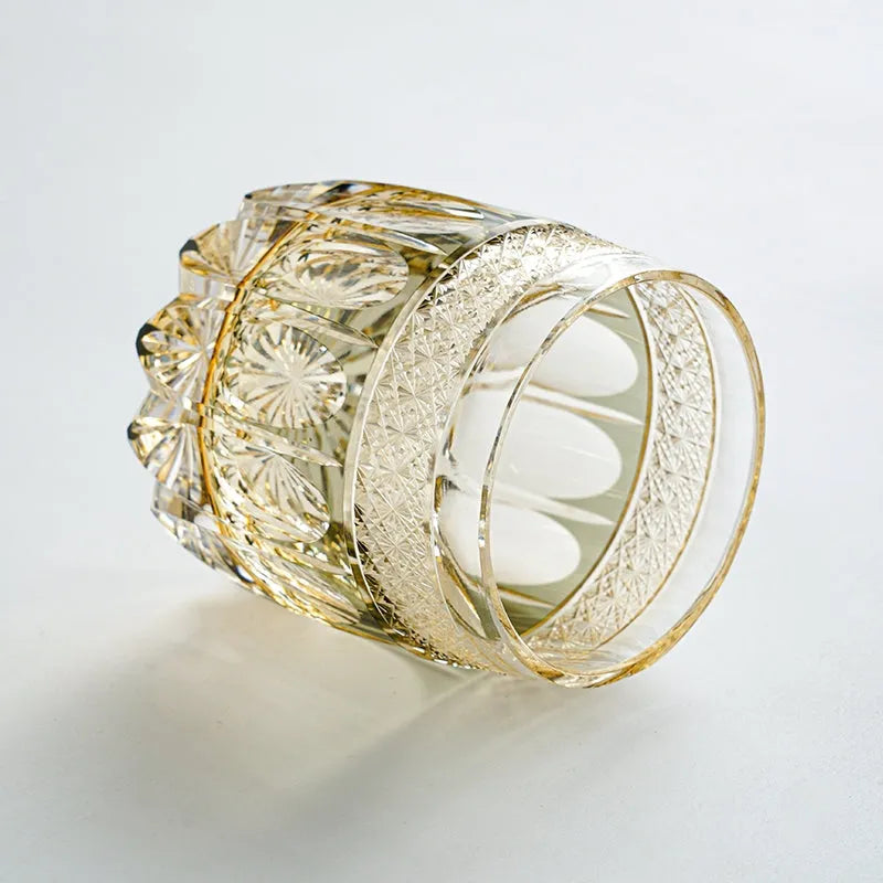 Edo Kiriko Amber Celestial Whisky Glass – Hand-Carved Premium Crystal Glass | Starlit Amber