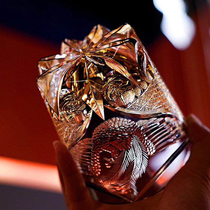 Edo Kiriko Hand-Carved Dancing Phoenix Whiskey Glass – A Soaring Symphony in Crystal