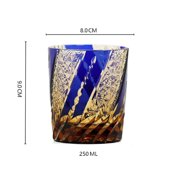 Edo Kiriko Amber & Sapphire Chrysanthemum Whisky Glass – Hand-Carved Premium Crystal Glass | Floating Elegance