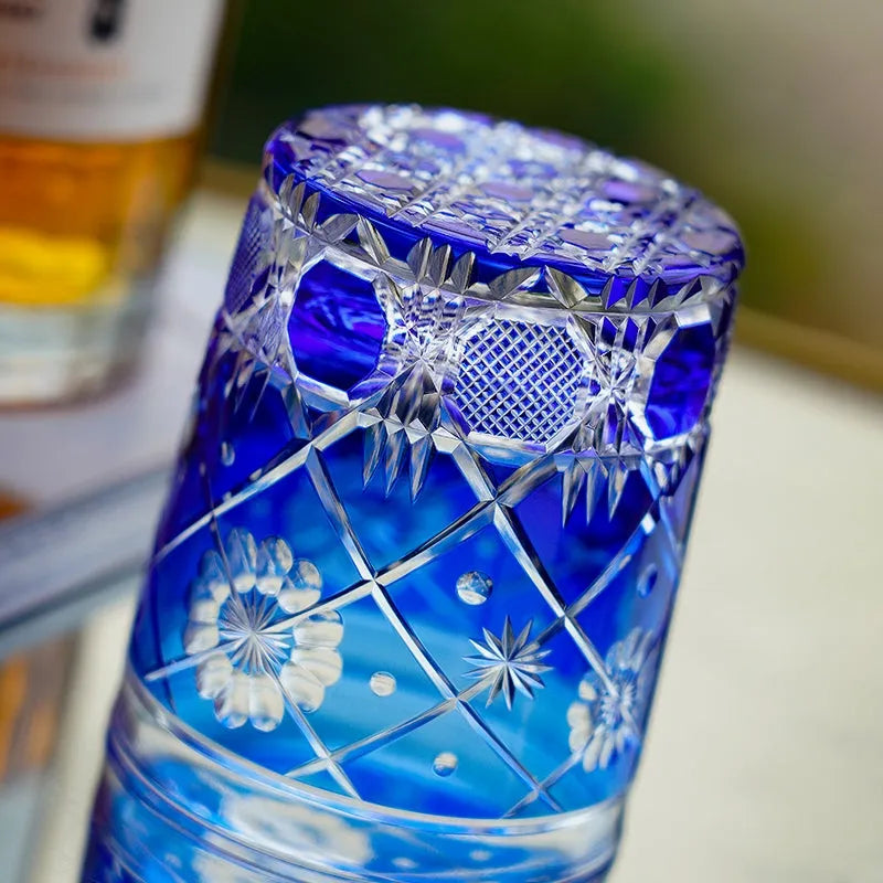 Edo Kiriko Royal Blue Kohana Blossom Whisky Glass – Hand-Carved Premium Crystal Glass | Sapphire Garden