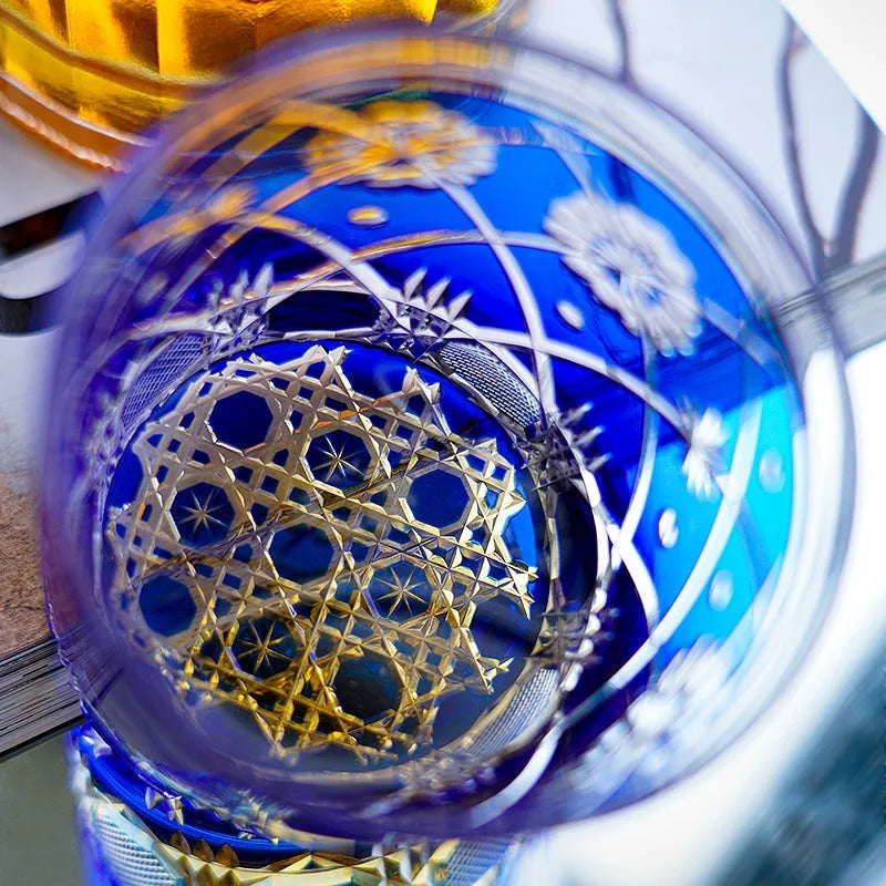 Edo Kiriko Royal Blue Kohana Blossom Whisky Glass – Hand-Carved Premium Crystal Glass | Sapphire Garden