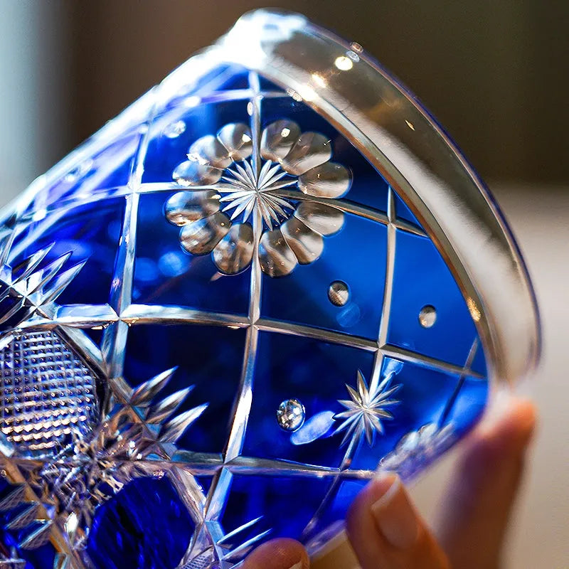Edo Kiriko Royal Blue Kohana Blossom Whisky Glass – Hand-Carved Premium Crystal Glass | Sapphire Garden