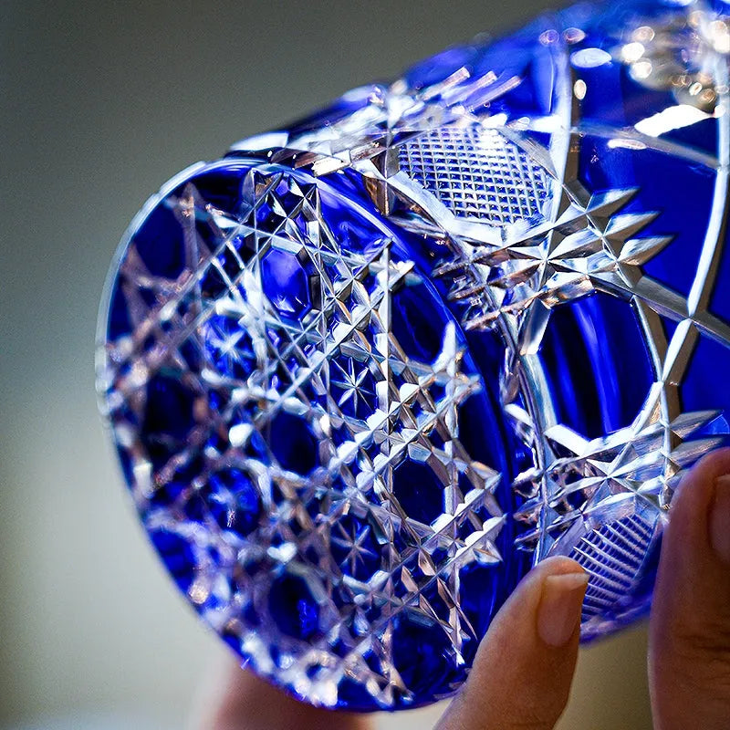 Edo Kiriko Royal Blue Kohana Blossom Whisky Glass – Hand-Carved Premium Crystal Glass | Sapphire Garden