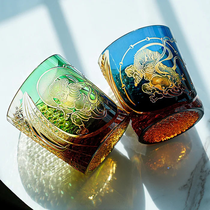 Edo Kiriko Hand-Carved Fujin Whisky Glass – A Dance of Divine Wind