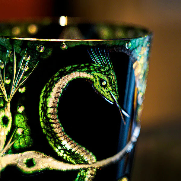 Edo Kiriko Hand-Carved Emerald Serpent Whisky Glass – A Guardian of Transformation in Crystal