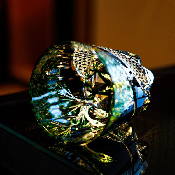 Edo Kiriko Hand-Carved Emerald Serpent Whisky Glass – A Guardian of Transformation in Crystal