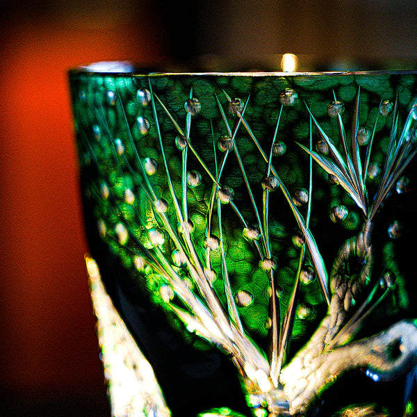 Edo Kiriko Hand-Carved Emerald Serpent Whisky Glass – A Guardian of Transformation in Crystal