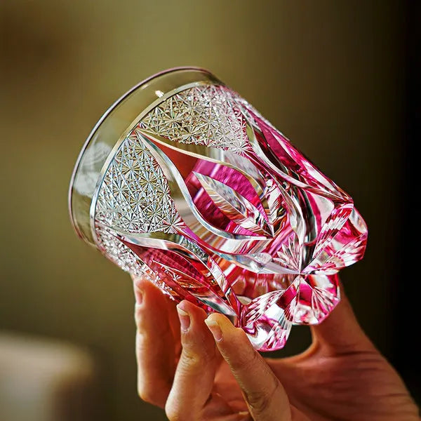 Edo Kiriko Crimson Flame Whisky Glass – Hand-Carved Premium Crystal Glass | Fire Frozen in Time