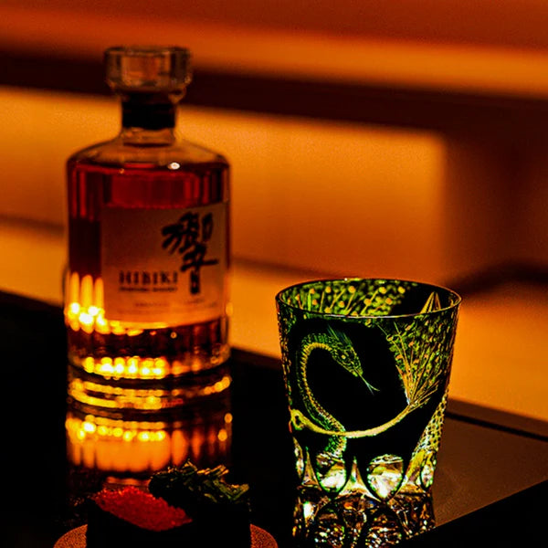 Edo Kiriko Hand-Carved Emerald Serpent Whisky Glass – A Guardian of Transformation in Crystal