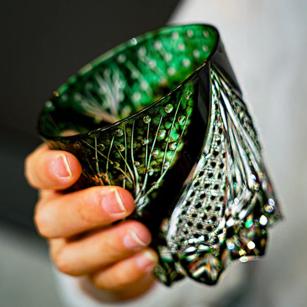 Edo Kiriko Hand-Carved Emerald Serpent Whisky Glass – A Guardian of Transformation in Crystal