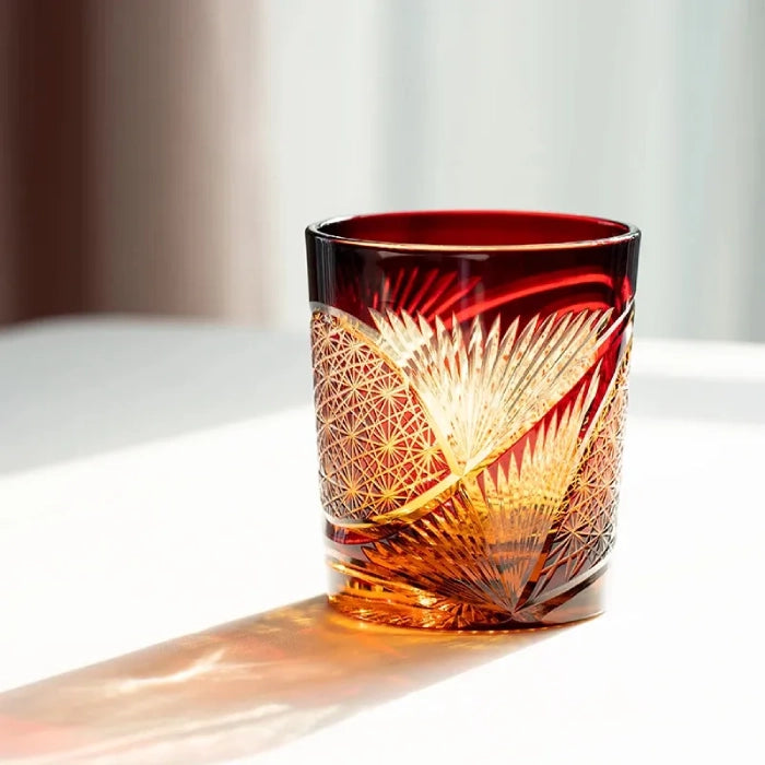 Edo Kiriko Red Crane Feather Whisky Glass – Hand-Carved Premium Crystal Glass | Sunset Wings