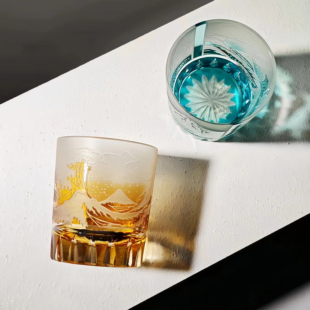 Edo Kiriko Golden Fuji Wave Whisky Glass – Hand-Carved Premium Crystal Glass | Radiant Energy