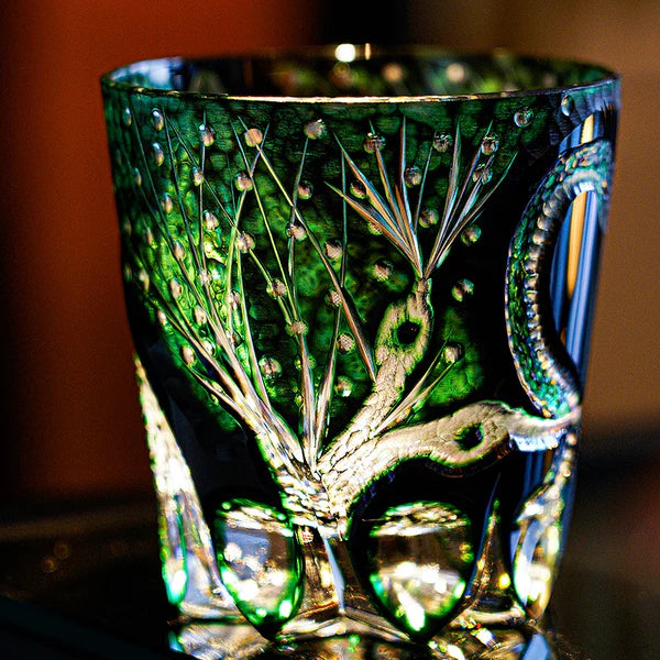 Edo Kiriko Hand-Carved Emerald Serpent Whisky Glass – A Guardian of Transformation in Crystal