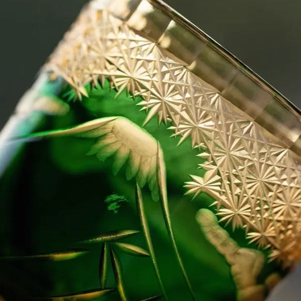 Edo Kiriko Emerald Mount Fuji Whisky Glass – Hand-Carved Premium Crystal Glass | Mountain's Majesty