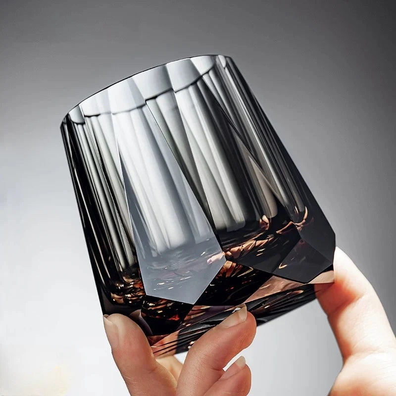Edo Kiriko Hand-Carved Smoky Quartz Zeus's Stone Lead-Free Premium Crystal Whiskey Glass –  A Masterpiece of Facets and Thunder