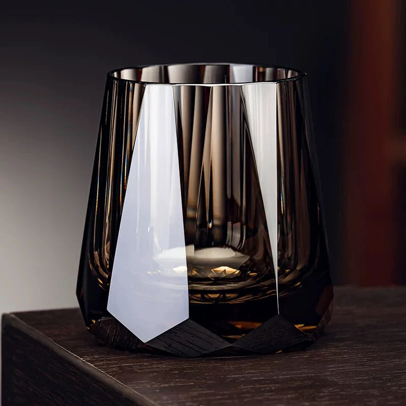 Edo Kiriko Hand-Carved Smoky Quartz Zeus's Stone Lead-Free Premium Crystal Whiskey Glass –  A Masterpiece of Facets and Thunder