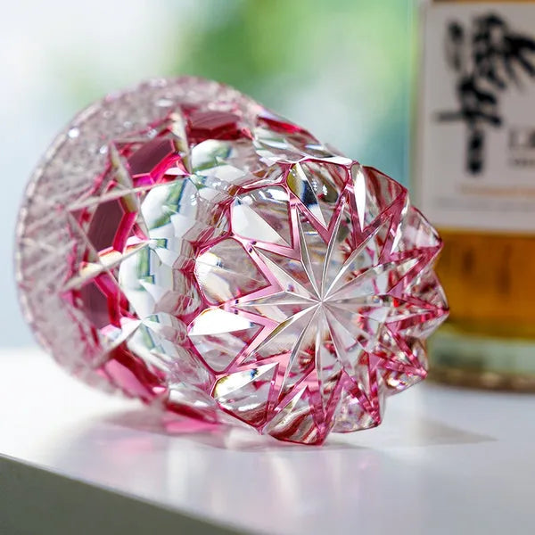 Edo Kiriko Rose Fluorite Whisky Glass – Hand-Carved Premium Crystal Glass | Radiant Romance