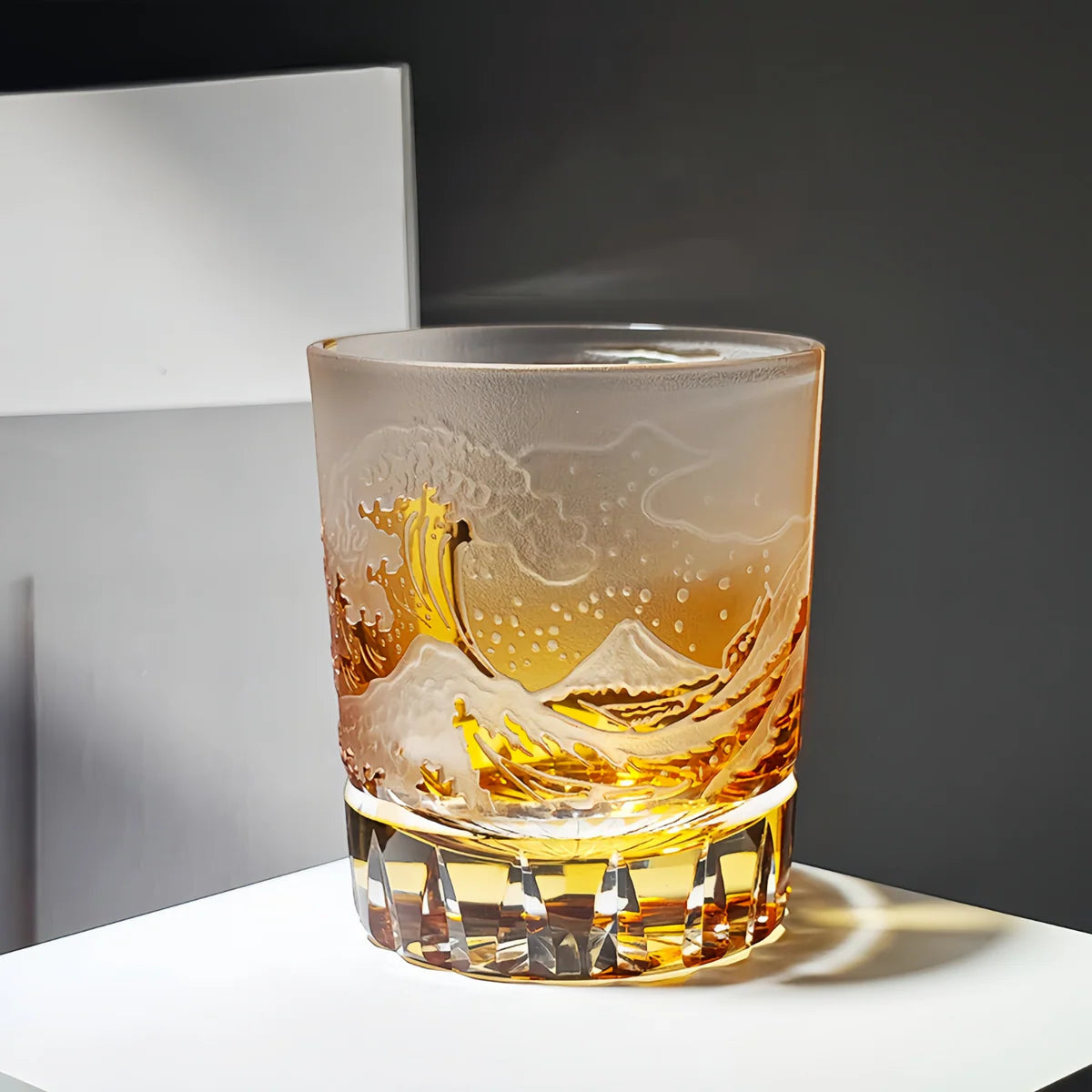 Edo Kiriko Golden Fuji Wave Whisky Glass – Hand-Carved Premium Crystal Glass | Radiant Energy