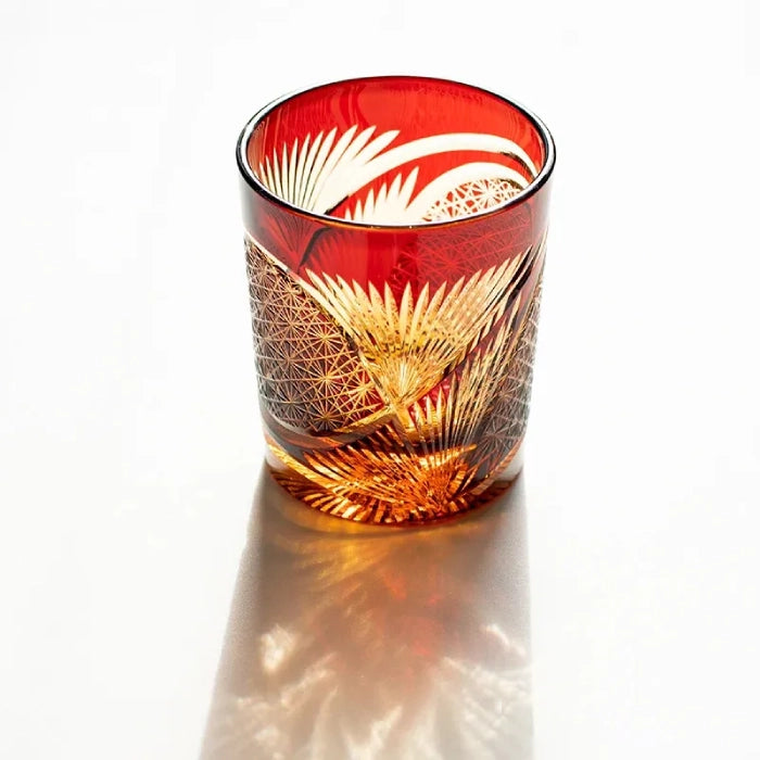 Edo Kiriko Red Crane Feather Whisky Glass – Hand-Carved Premium Crystal Glass | Sunset Wings