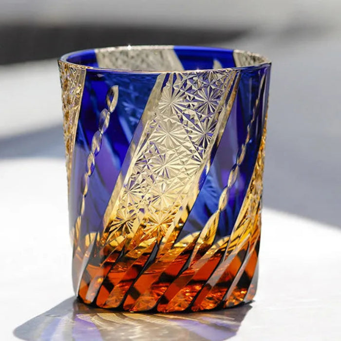 Edo Kiriko Amber & Sapphire Chrysanthemum Whisky Glass – Hand-Carved Premium Crystal Glass | Floating Elegance