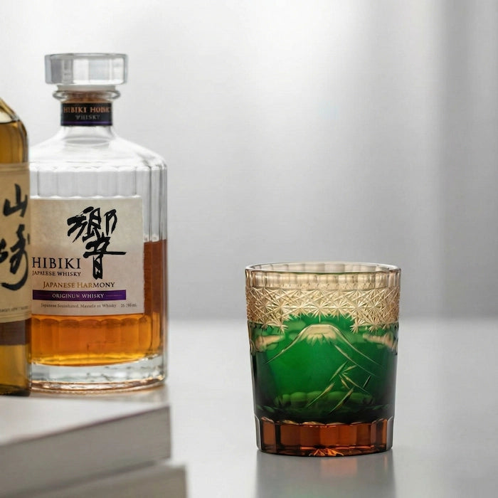 Edo Kiriko Emerald Mount Fuji Whisky Glass – Hand-Carved Premium Crystal Glass | Mountain's Majesty