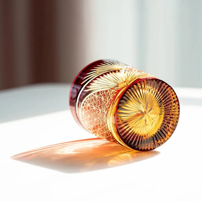 Edo Kiriko Red Crane Feather Whisky Glass – Hand-Carved Premium Crystal Glass | Sunset Wings