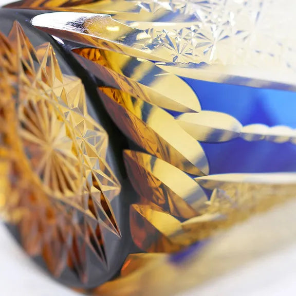 Edo Kiriko Amber & Sapphire Chrysanthemum Whisky Glass – Hand-Carved Premium Crystal Glass | Floating Elegance
