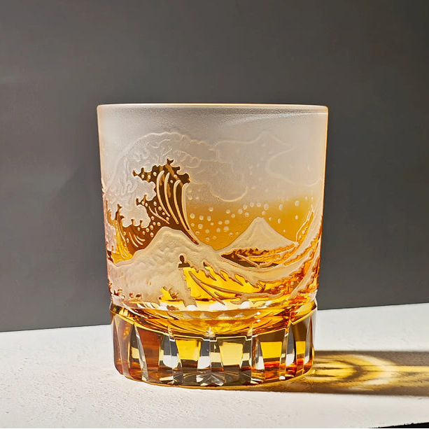 Edo Kiriko Golden Fuji Wave Whisky Glass – Hand-Carved Premium Crystal Glass | Radiant Energy