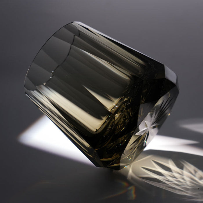 Edo Kiriko Hand-Carved Smoky Quartz Zeus's Stone Lead-Free Premium Crystal Whiskey Glass –  A Masterpiece of Facets and Thunder