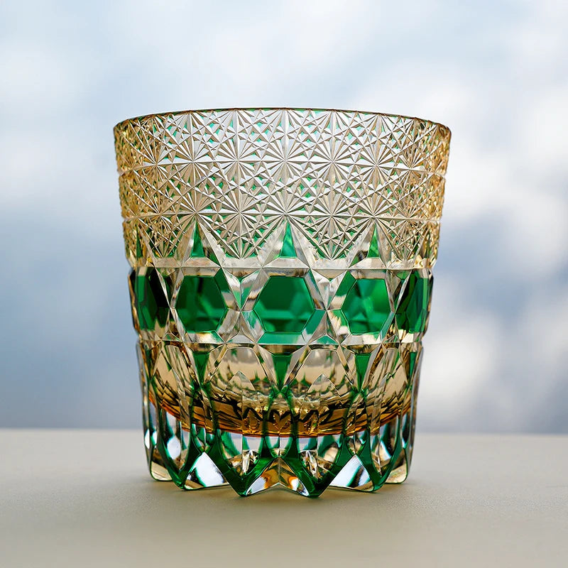 Edo Kiriko Hand-Carved Emerald Fluorite Whiskey Glass – A Verdant Glimmer of Radiance