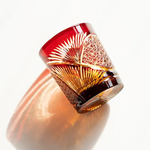 Edo Kiriko Red Crane Feather Whisky Glass – Hand-Carved Premium Crystal Glass | Sunset Wings