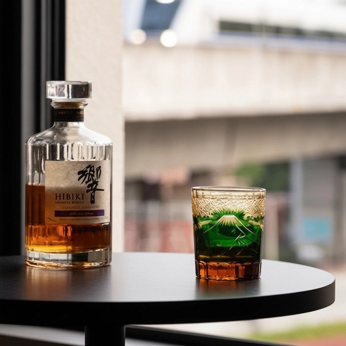Edo Kiriko Emerald Mount Fuji Whisky Glass – Hand-Carved Premium Crystal Glass | Mountain's Majesty