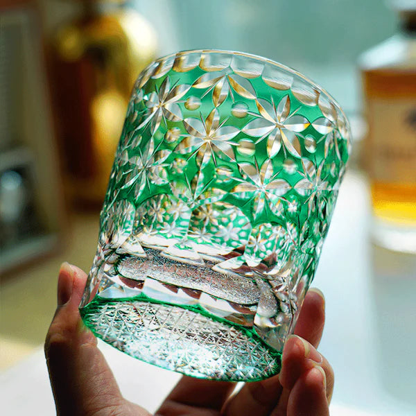 Edo Kiriko Sakura Snow Whisky Glass – Turquoise – Hand-Carved Premium Crystal Glass | Forest Bloom