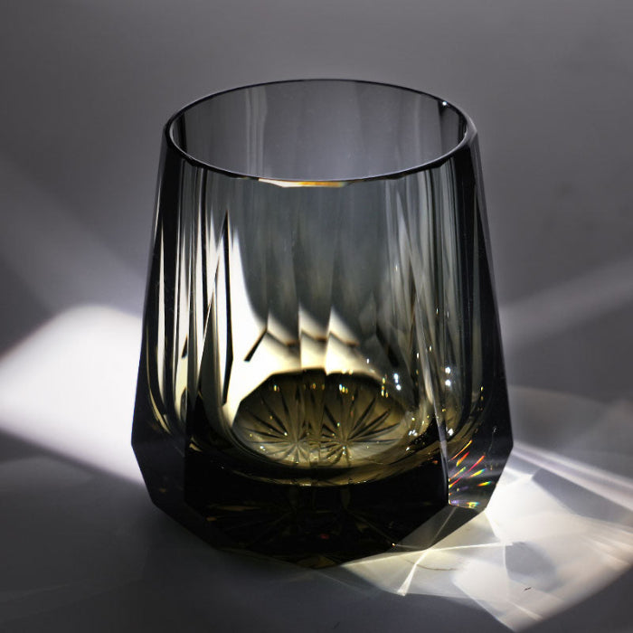 Edo Kiriko Hand-Carved Smoky Quartz Zeus's Stone Lead-Free Premium Crystal Whiskey Glass –  A Masterpiece of Facets and Thunder