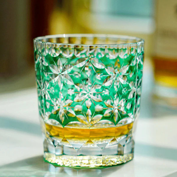 Edo Kiriko Sakura Snow Whisky Glass – Turquoise – Hand-Carved Premium Crystal Glass | Forest Bloom