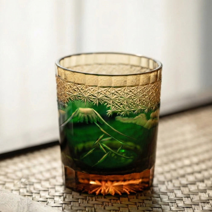 Edo Kiriko Emerald Mount Fuji Whisky Glass – Hand-Carved Premium Crystal Glass | Mountain's Majesty