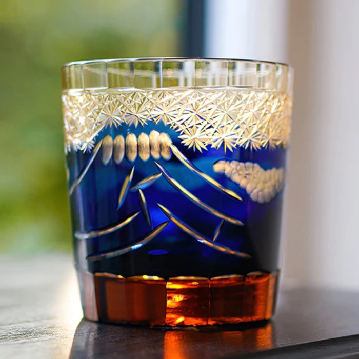 Edo Kiriko Hand-Carved Mount Fuji Whiskey Glass – A Mountain’s Majesty in Blue Crystal