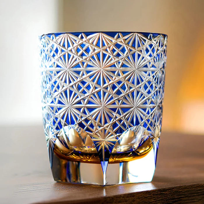 Edo Kiriko Hand-Carved Blue Daisy Whisky Glass – A Blossom of Serenity in Crystal