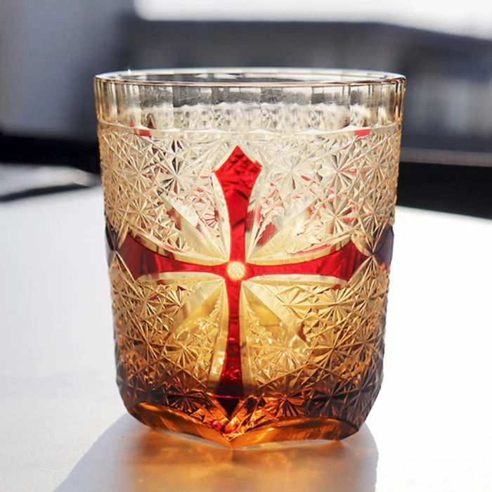 Edo Kiriko Hand-Carved Amber-Red Cross Whiskey Glass – An Intersection of Light and Legacy