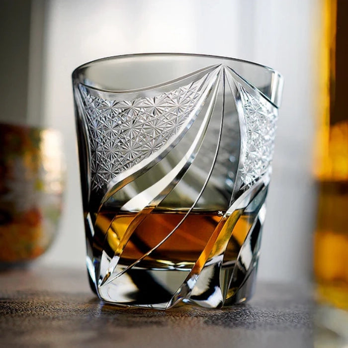 Edo Kiriko Hand-Carved Inkstone Flame Whiskey Glass – A Blaze of Artistry in Crystal