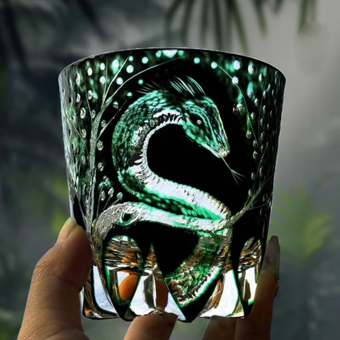 Edo Kiriko Hand-Carved Emerald Serpent Whisky Glass – A Guardian of Transformation in Crystal