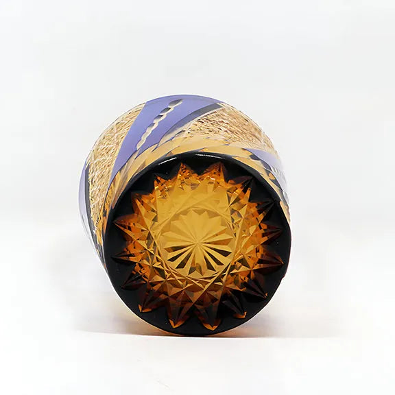 Edo Kiriko Amber & Sapphire Chrysanthemum Whisky Glass – Hand-Carved Premium Crystal Glass | Floating Elegance